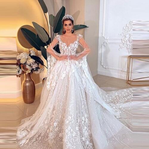 2021 Designer Lace Wedding Dresses 3D Flower Appliques Backless Extra Long Sleeves Ball Gown Dubai Bridal Wedding Gown