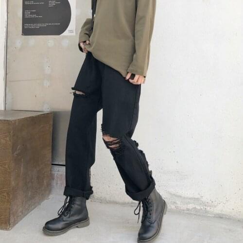 Mom Jeans Women Holes Black Chic Harajuku Casual Womens Wide Leg Hip-hop Mopping Vintage Fall High Street Straight Denim Pants