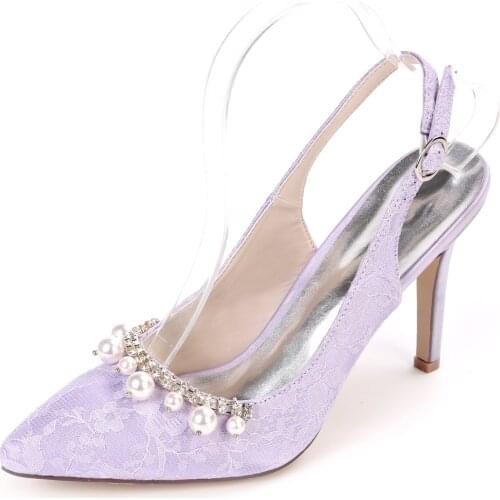 Elegant lace pumps slingback pointed toe high heels with pearls crystal brooch bridal wedding prom lady shoes lavender ivory
