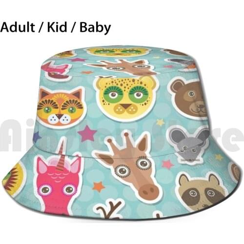 Animals On Blue Polka Dot Background Funny Animals Muzzle. Teal Background With Stars , Polka Dot. Sun Hat