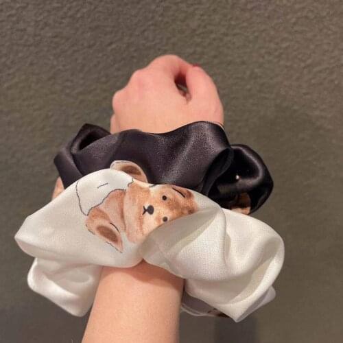 Korean Fashion Big Size Kawaii Bear Printed Hair Scrunches White Black Silk Fabric Fluffy Hair Rope For Women Cute Hair Ties