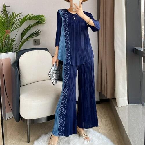 LANMREM Summer Autumn 2021 New Pleated Fashion Leisure Suit Flower Printed Stitching Color Loose Top Wide Leg Pants Sets 2D3745