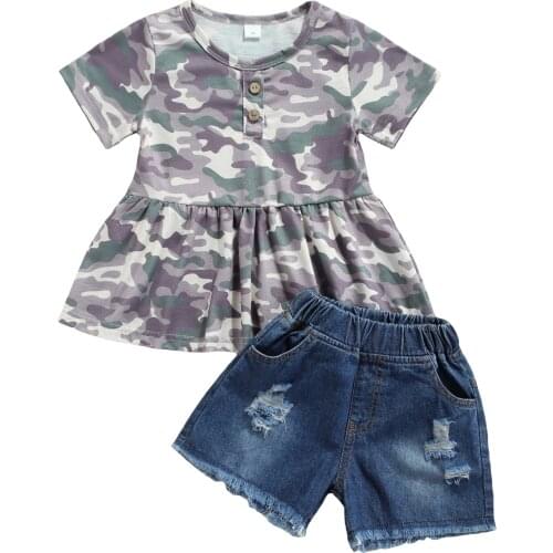 New 2Pcs Toddler Summer Outfit, Girls Camouflage Henley Neck Short-Sleeved Blouse + Frayed Shorts, 1-6 Years