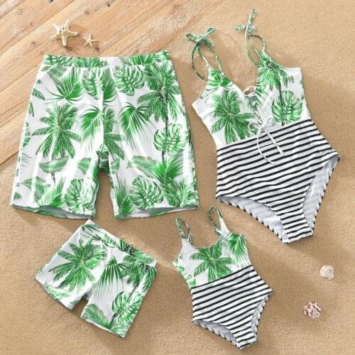 PatPat 2021 New Arrival Family Look Coconut Tree Print Striped One-piece Matching Swimsuits