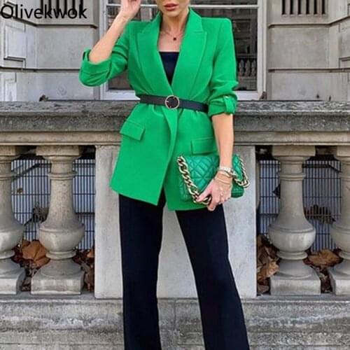 Olivekwok 2021 Autumn Woman Fashion Solid Coats Three Quarter Sleeve Casual Notched Streetwear Pockets Blazers