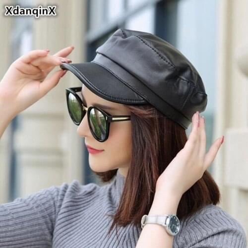 XdanqinX Autumn Winter Couple Hat Genuine Leather Hats Elegant Womens Army Military Hat Sheepskin Mens Flat Cap Leather Caps
