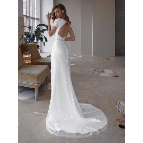 Bling Sequined Mermaid Wedding Dress Above Knee Slit Sexy Deep V-Neck Bodycon Cap Sleeves Bridal Gown Plus Size Vestido De Noiva