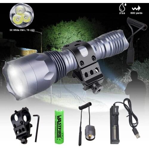2000LM Tactical Hunting Flashlight USB Rechargeable Torch with Flashlight Mount Clip Remote Switch Outdoor Armas Weapon Light