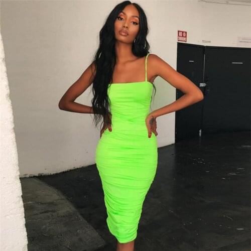 Urifens Summer Dress 2021 New Slash Neck Strap Neon Dress Women Casual Mid-Calf Solid Sheath Bodycon Party Dresses JQ401U