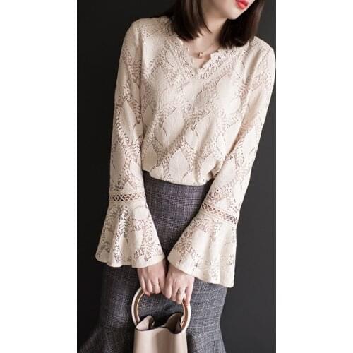 Spring Autumn Women Shirts Korean Style Lace Hollow Out Elegant Flared Sleeves Blouses Temperament Mujer Blusas Tops MM0902