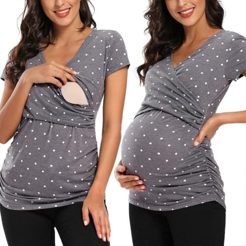 Womens Maternity Breastfeeding Clothes Short Sleeve Pregnant Clothes Pleated Side Open Pregnancy T-Shirt Nursing Top