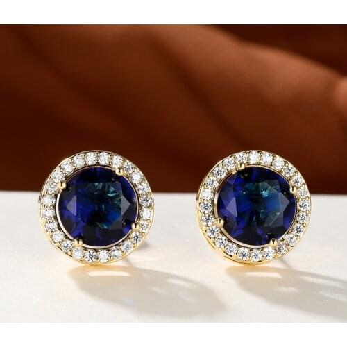 8MM Gold Stud Earrings for Women Temperament Blue Red Round Cut Zircon Piercing Ear Studs Fashion Jewelry Party Birthday Gift