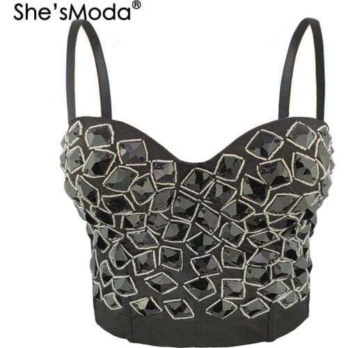 ShesModa 2020 New Rhinestones Beads Bustier Push Up Night Club Bralette Womens Floral Bra Cropped Top Vest Corset Plus Size