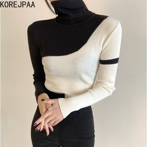 Korejpaa Women Pullover 2021 Autumn Korea Temperament Ladies High Neck Black White Contrast Color Stitching Long-Sleeved Sweater