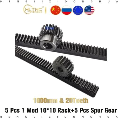 5pc 1Mod 1 Modulus High Precision Gear Rack steel 10*10*1000mm + 5pcs 1M 20teeth spur pinion gears cnc parts