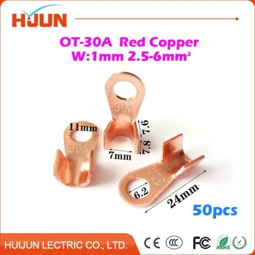 50pcs/lot OT-30A 6.2mm Dia Red Copper Circular Splice Crimp Terminal Wire Naked Connector for 2.5-6 Square Cable