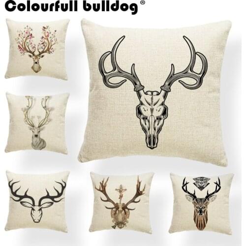 Deer Antlers Flowers Cushion Cover Feather Leaves Bird Pillow Case Rustic Country Man Cave Decor Throw Pillow Case Small Burlap