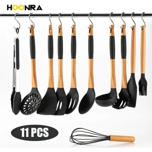 HOONRA Silicone Cooking Utensils Set Non-stick Spatula Shovel Wooden Handle Soup Spoon Baking Cooking Tools Kitchen Utensil Set