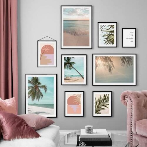 Summer Palm Leaf Bay Calm Beach Coconut Tree Sunrise Wall Art Print Canvas Painting Nordic Poster Decor Pictures For Living Room