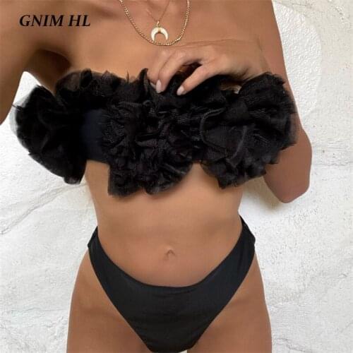 GNIM Mesh Swimwear Women Two Piece Solid Black Bikini Mujer 2020 Sexy Off Shoulder Backless Brazilian Swimsuit Biquini Beachwear