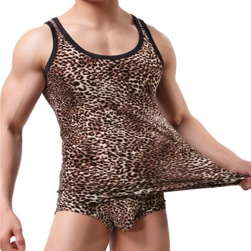 2PCS/Sets Mens Undershirts Leopard Printed Tank Tops Boxer Shorts Sports Gym Fitness Underwear Shirts Panties Suits Sleepwear