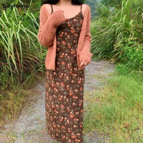 Women Sleeveless Dress Printed O-neck Corduroy Shivering Mid-calf Spaghetti Strap Preppy Style Sweet Fresh Retro Slim Elegant