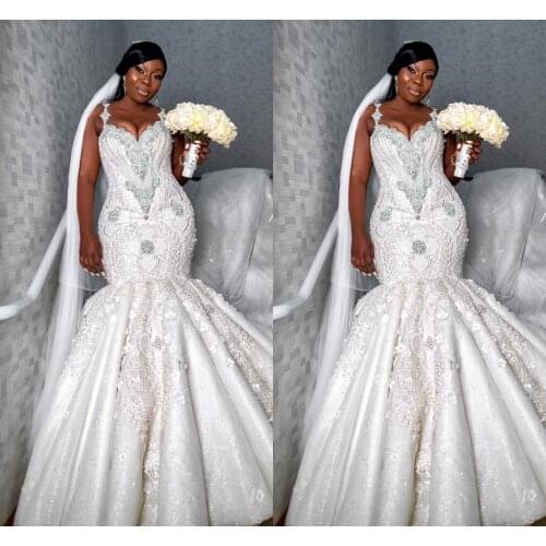 Lace Applique Mermaid Wedding Dresses V Neck Pearls Beaded African Bridal Gowns Crystal Spaghetti Plus Size Wedding Gowns