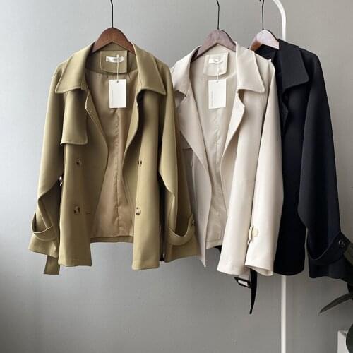 Korean Style Trench Coat Lady Short Temperament Slim Beige Khaki Mid-length Loose Waist Belt Casual Fashion Short Jacket