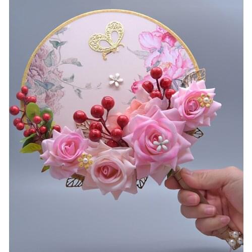 XinHuaEase Chinese Wedding Style Bride Decoration Classical Fan Pink Red Rose Flowers Hanfu Accessories Traditional