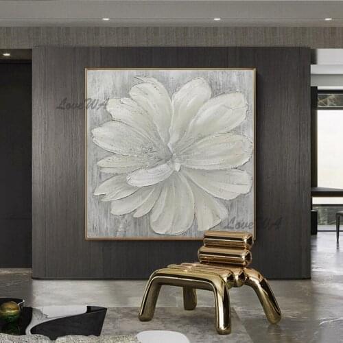 Unframe Decoration Modern Abstract Painting With Large White Flowers Hand Painted Oil Painting On Canvas Wall Home Decor Gift
