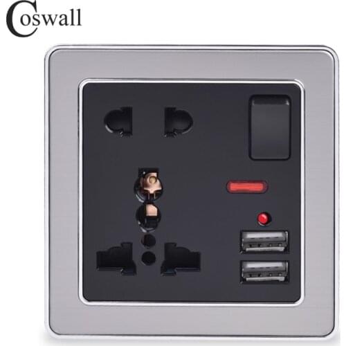 Coswall 13A Universal 5 Hole Switched Wall Socket With Neon 2.1A Dual USB Charger Port LED indicator Black Stainless Steel Frame
