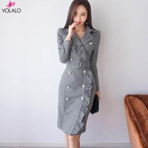 Vintage Double Breasted Belt Plaid Dress Women Elegant Office Ladies Blazer Dresses Long Sleeve Female Autumn Mini Dress