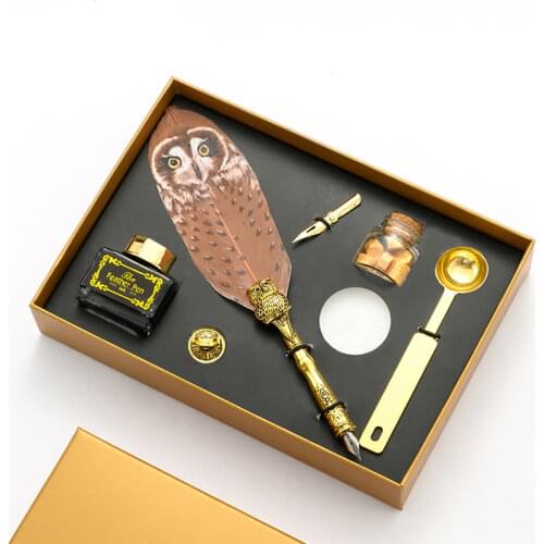 Vintage Fire Lacquer Wax Seal Stamp Gift Box Owl Feather Dip Pen with Nib Ink Calligraphy Supplies Set Stationery School Items