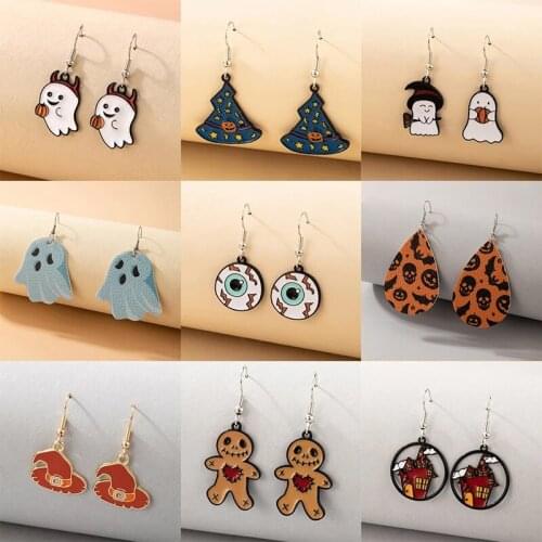 Docona Halloween Bat Pumpkin Hats Drop Dangle Earrings for Women Fashion Ghost House Skull Cute Earring Party Jewelry серьги