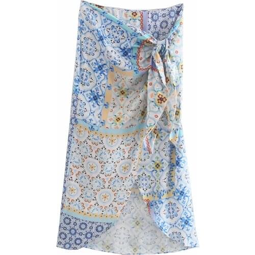 Za Women 2021 Chic Fashion Retro Ethnic Printing Mini Skirt Vintage High Waist One Piece Lace Up Skirt Xitimeao