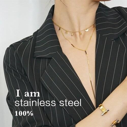 Womens gold silver color stainless steel bamboo chain 2 and 3 layers found Pendant multilayer girl stars moon Necklaces Choker