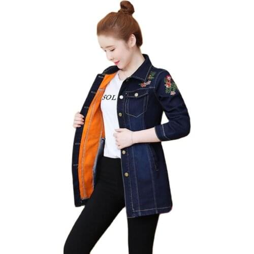 Winter New Style Cowgirl Jacket Embroidered Flowers Plus Velvet Thickening Womens Denim Jacket Single-Breasted Slim Trench Coat