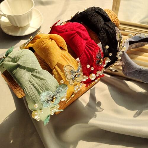 Flatfoosie 2021 New Butterfly Pearl Hairbands Headbands for Women Girls Solid Color Knot Headwear Fashion Boho Hair Accessories