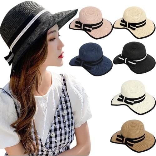 Women Wide Brims Sun Hat Summer Shading Beach Straw Cap Outdoor Solid Color Beautiful Gentleman Tie Knot Shape Sunshade Hat