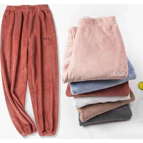 Women Autumn Solid Color Flannel Ankle Tie Casual Long Pajama Trousers Warm Pants Sleep Bottoms
