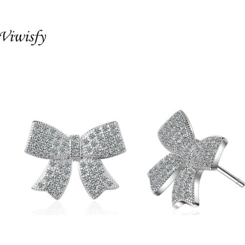 Viwisfy Crystal Studs Cute Bow Real 925 Sterling Silver Earrings For Women VW21050