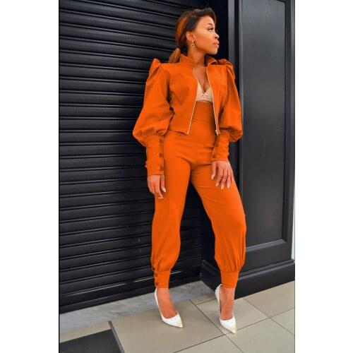 Women Two Piece Set Zipper Stand Collar Long Puff Sleeve Short Jacket Tops High Waist Pants Slim Business Suit