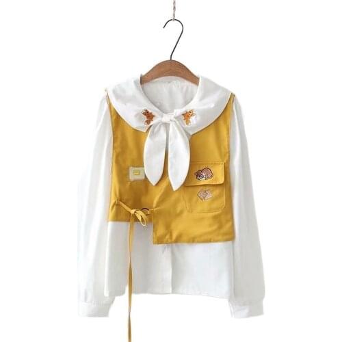 Women 2 Piece Sets Clothing White Cartoon Embroidery Cotton Shirt And Sleeveless Vest 2021 Summer Korean Fashion Cute Set