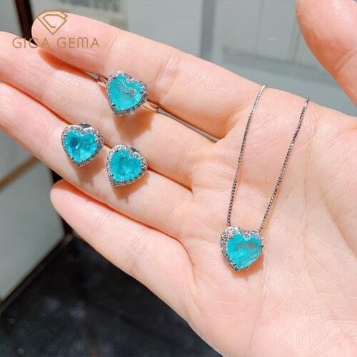 GICA GEMA Women Heart Shaped Jewelry Set Pendant Earrings Rings 9*9mm Blue Created Paraiba Tourmaline Wedding Promise Jewelry