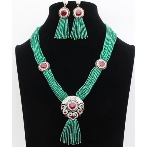 Vintage Turkish Women Red Bead Resin Round Flower Jewelry Sets Long Tassels Earring Multi Chain Necklace India Bride Bijoux Gift