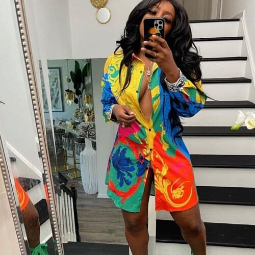 Plus Size Printed Shirt Dress Women Long Sleeve Button Up Turn-down Collar Mini Dresses Laides Streetwear Party Dress Vestidos