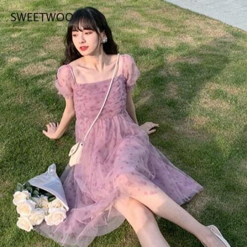 2021 Spring Summer Sweet Dot One Piece Dress Women Fashion Square Collar Puff Sleeve Female Office Party Dresses