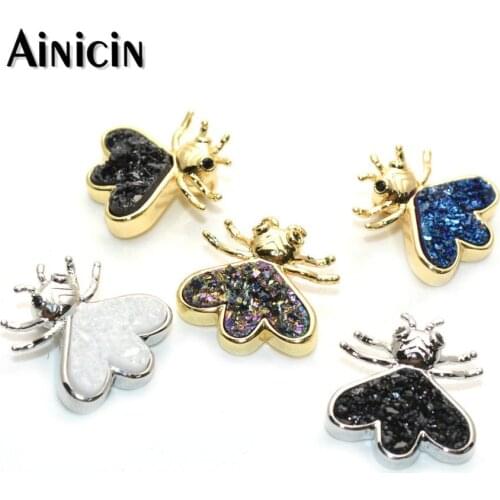 Shine Jewelry Lovely Bee Natural Druzy Crystal Pendants Gold Silver Plating Fashion Necklace Earrings Making Materials 5pcs/lot
