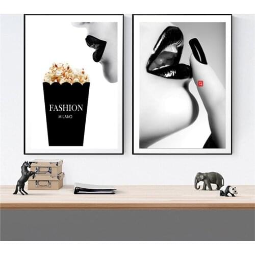 Black and White Wall Art Canvas Vogue Woman Lip and Popcorn Posters and Prints Nordic Paintings Pop Art Pictures Home Decoration