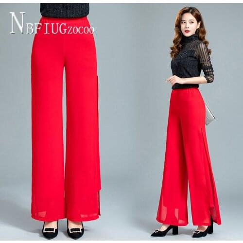 Black And Red Color M-4XL Women Chiffon Pants High Waist Female Trousers